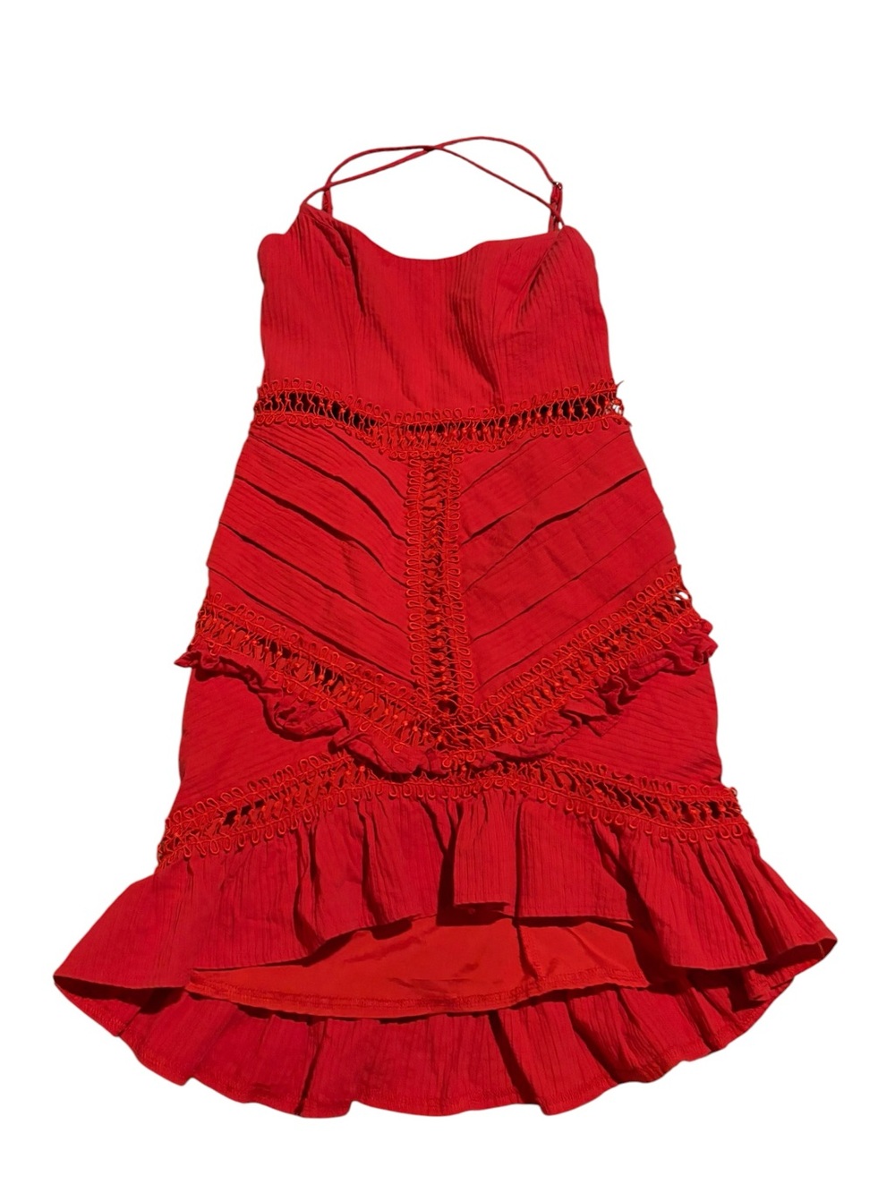Hello Molly Red Ruffle Crochet Trim Mini Dress Open Back XS